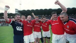 The Munster team celebrate their win over Toulouse from left Ian Fleming, Frank Sheahan, Anthony Horgan, Tom Tierney, David Wallace, and Alan Quinlan. Picture: Matt Browne/SPORTSFILE