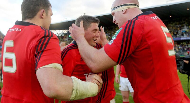 Paul O’Connell consoles Ronan O’Gara after Munster’s 2013 Heineken Cup semi-final defeat by Clermont Auvergne, O’Gara’s last game for the province. The short break that followed was his last room for headspace. Picture: James Crombie