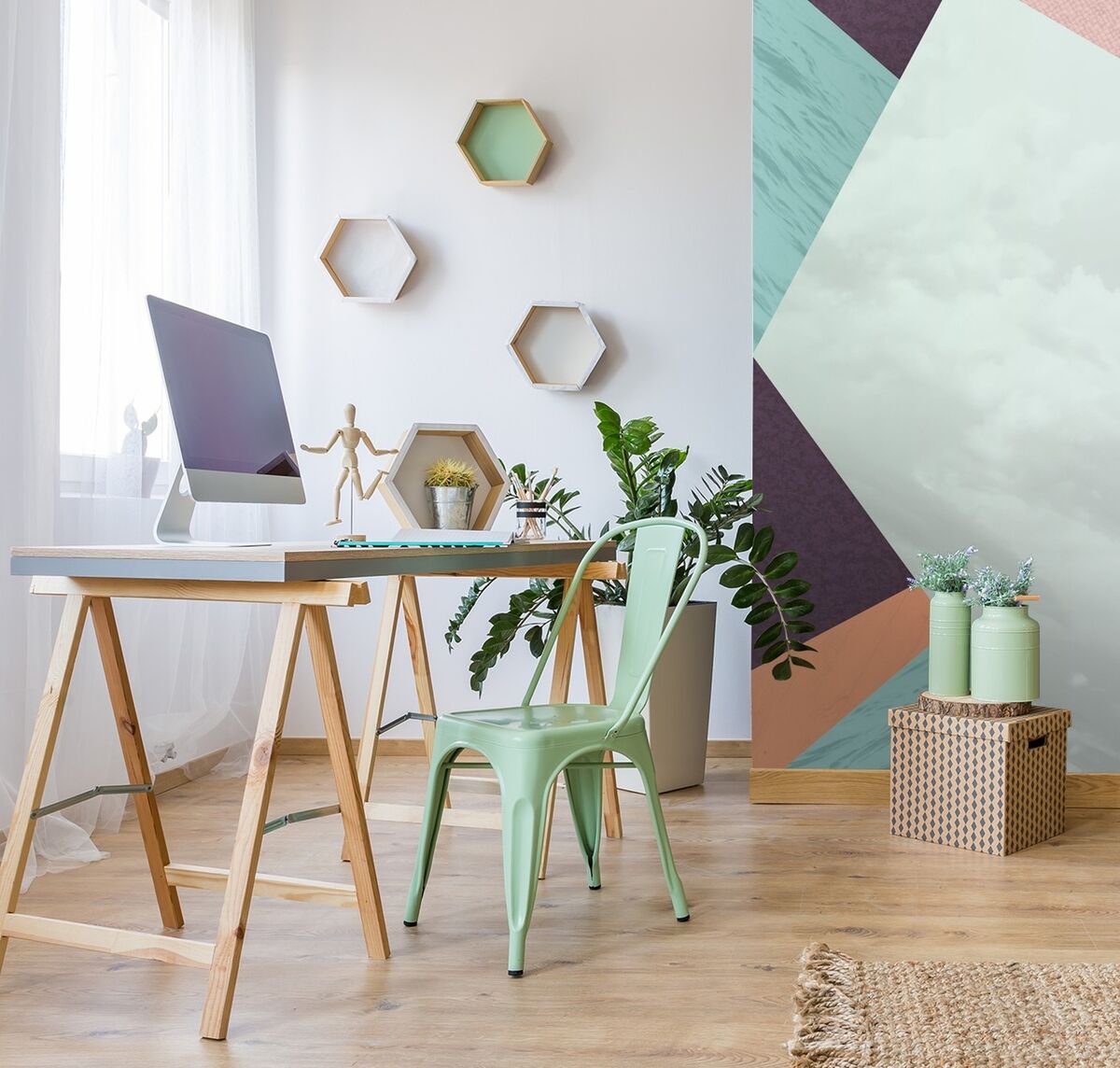 Stable trestle tables are a good option for a temporary fit-up with portable file boxes. This light fresh arrangement includes a wall treatment from Wall Sauce, and plenty of well managed natural light. For similar accessorising including the table figure, try The Range, Little Island. Finnvard trestles, €25, ikea.ie