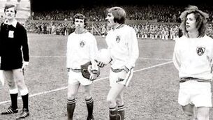 30 October 1974; Republic of Ireland players, from left to right, John Giles, captain, Steve Heighway and Liam Brady on his senior international debut. European Championship 1976 Qualifier - Group 6, Republic of Ireland v Soviet Union, Dalymount Park, Dublin. Picture credit: Connolly Collection / SPORTSFILE