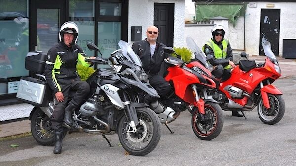 Motorbike crew PPE delivery story (left) Colman Ryan who has been volunteering with the Bravo Charlie Tango motorbike group delivering PPE to nursing homes, pictured with fellow volunteers Floss Gibson and Richard Ahern. Pic: Larry Cummins