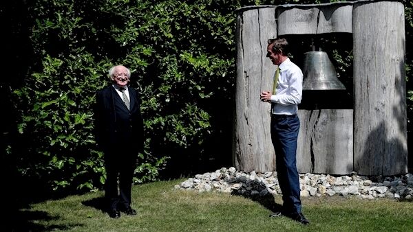 Ryan Tubridy speaking with President Michael D. Higgins at the Peace Bell at Áras an Uachtaráin, ahead of the recording of the last 'Late Late Show' of the season.