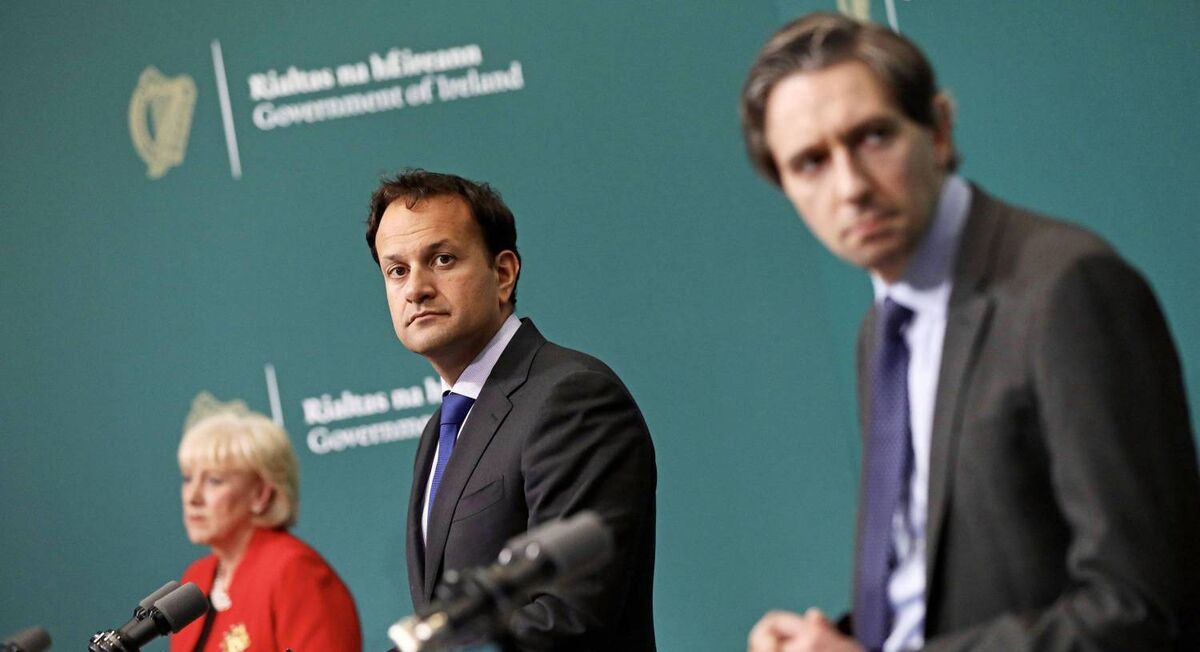 Business Minister Heather Humphreys, Taoiseach Leo Varadkar and Health Minister Simon Harris revised the Covid-19 restrictions last night at a press conference in Dublin. Picture: Julien Behal/PA Wire