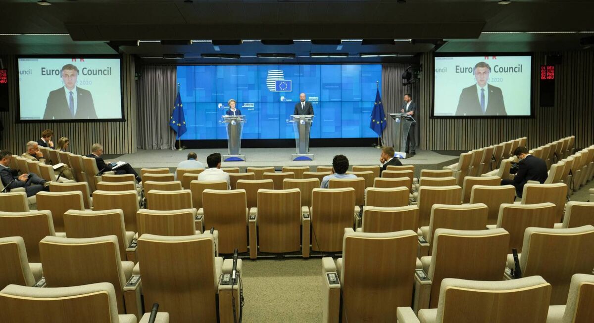 European Commission President Ursula Von Der Leyen and European Council President Charles Michel at a news conference following the European summit in video conference format. Picture: Olivier Hoslet/Pool via REUTERS