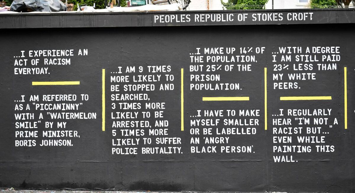 Text answering the question 'As a black person in the UK...' on a graffiti art piece on Black Lives Matter on a wall in the Stokes Croft area of Bristol. Pic: Ben Birchall/PA Text answering the question 'As a black person in the UK...' on a graffiti art piece on Black Lives Matter on a wall in the Stokes Croft area of Bristol. Pic: Ben Birchall/PA