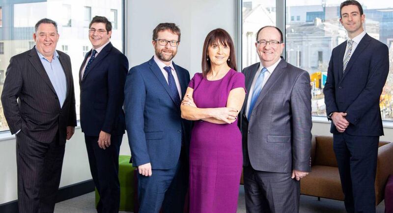 Brendan O’Regan, ex-CEO of Zenith Technologies; Adam Griffiths, Regan Wall; Adrian Wall, Regan Wall; Daire Coffey, founder of Perspectives; Brendan Lenihan, MD of Navigo; Kieran Regan, Regan Wall; pictured before lockdown restrictions at Regan Wall’s offices in South Mall, Cork.