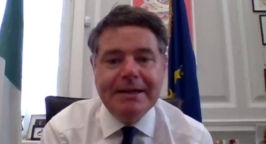 Minister for Finance Paschal Donohoe speaking in the webinar hosted by the Institute of International &amp; European Affairs (IIEA) about Ireland's rising debt levels and changes to current interest rates. Photo: IIEA/PA Wire