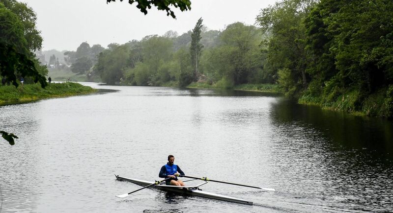 Charlie Cunningham of Commercial Rowing Club on the River Liffey in Dublin as the sport resumed on May 18. Photo by Harry Murphy/Sportsfile