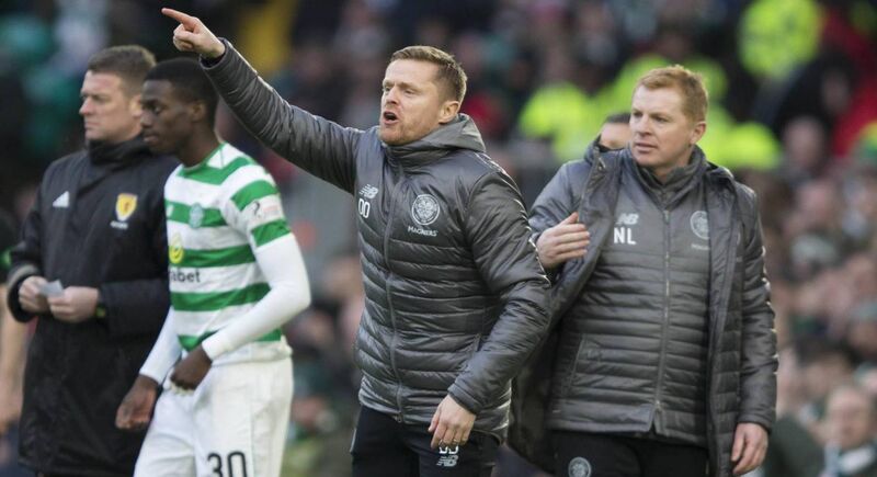 Damien Duff (centre) and manager Neil Lennon. Picture: Jeff Holmes/PA Damien Duff (centre) and manager Neil Lennon. Picture: Jeff Holmes/PA