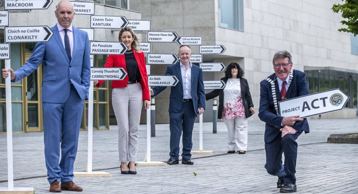 Mayor of the County of Cork, Cllr. Ian Doyle (with, from left), Tim Lucey, Chief Executive, Cork Co. Co.; Noelle Desmond, Carrigaline Municipal District Officer; Ray Lee, proprieror, Centra, Charleville and Liz Maddox, chair of Cork County Older Persons Council at the launch of Project ACT ar Cork County Hall. Project ACT is a co-ordinated response across 23 towns in County Cork to support the business, retail and community sectors as they deal with the impact of COVID-19. Picture: Brian Lougheed
