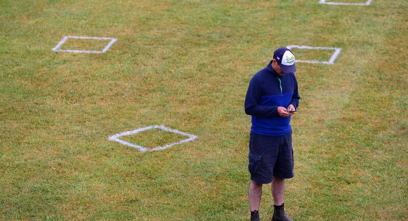 Naas track manager Eamonn McEvoy pictured in the marked out parade ring for social distancing ahead of racing returning on June 8 in Ireland following the lockdown due to Covid-19. Photo Healy Racing