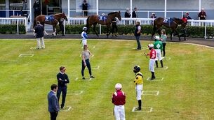 Social distancing in the parade ring before the first race. Photo: INPHO/Caroline Norris