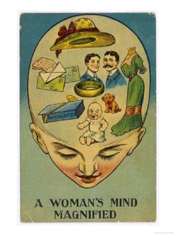 A woman's mind magnified. An Anti-Suffrage society poster from 1906.
