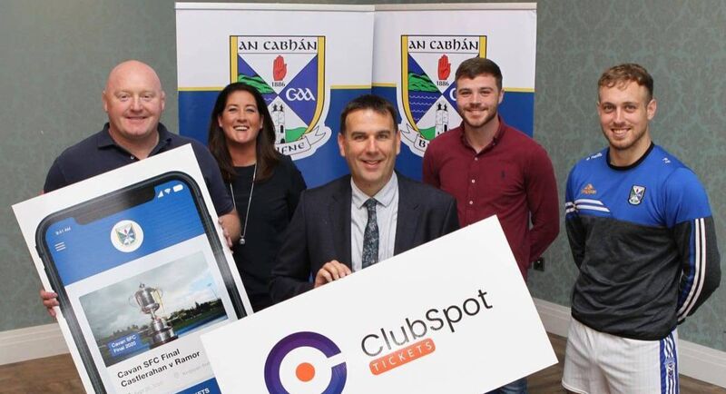 ClubSpot Founder John Hyland and Advisor Bernard Jackman, with Susan Brady (Cavan PRO), Kieran Callaghan (Cavan County Board Chairperson), and Padraig Faulkner (Cavan Senior Footballer) to announce the application’s latest initiative which will see digital tickets rolled out for all club games in Cavan this year ClubSpot Founder John Hyland and Advisor Bernard Jackman, with Susan Brady (Cavan PRO), Kieran Callaghan (Cavan County Board Chairperson), and Padraig Faulkner (Cavan Senior Footballer) to announce the application’s latest initiative which will see digital tickets rolled out for all club games in Cavan this year