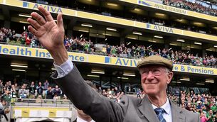 SALUTING GREATNESS: Jack Charlton is introduced to the crowd ahead of an international friendly between Republic of Ireland and England at the Aviva Stadium in 2015.