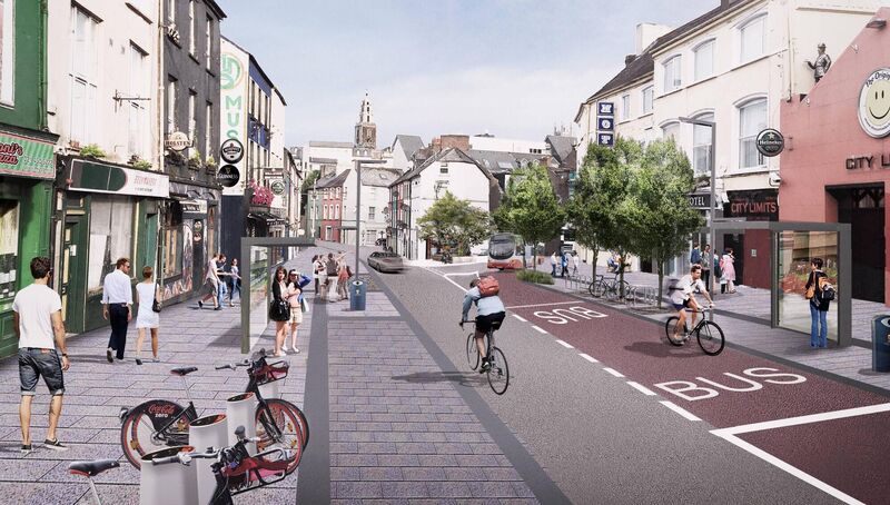 Artist impression MacCurtain St Public Transport Improvement Scheme ... view of a resurfaced Leitrim Street with cycle lanes and wider footpaths.