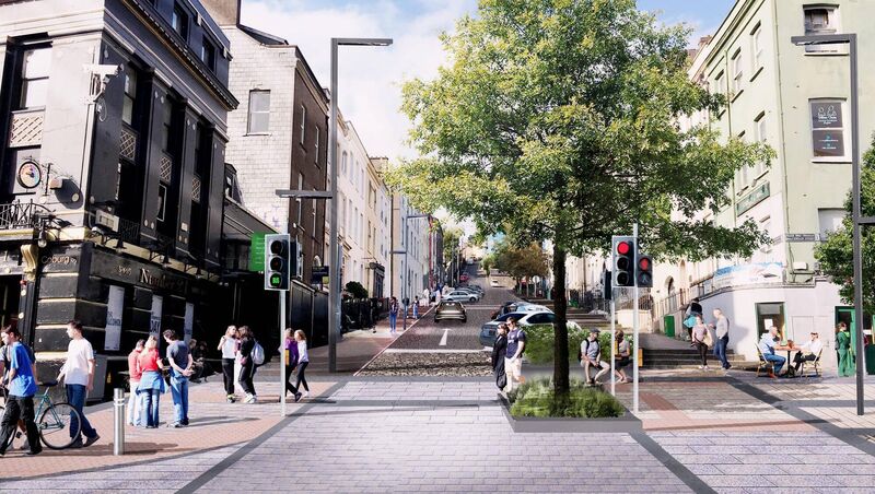 Artist impression of MacCurtain St Public Transport Improvement Scheme looking from Patrick's Bridge towards Patrick's Hill showing the resurfacing and upgraded pavements.