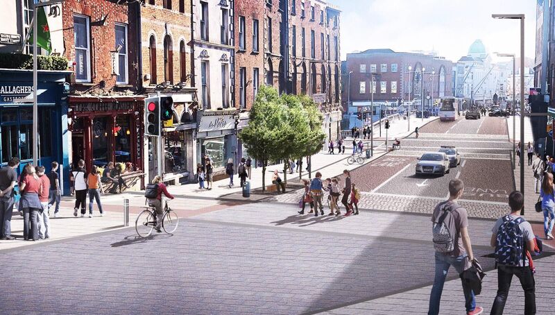 Artist impression of MacCurtain St Public Transport Improvement Scheme looking from MacCurtain down onto Patrick's Bridge leading to the City Centre. New improved pathways and resurfacing measures proposed.
