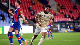 Manchester United's Marcus Rashford celebrates scoring his side's first goal of the game during the Premier League match at Selhurst Park. Picture: PA 