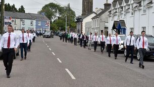 Former teammates lead the funeral cortege of the former Cork and Aghada player Kieran O'Connor through Aghada on Friday.Picture: Eddie O'Hare