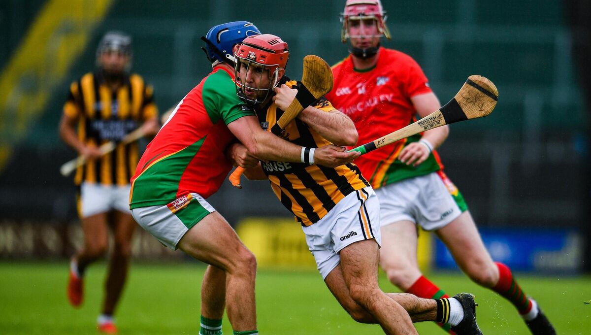 Ciarán Shaughnessy of Shelmaliers in action against Kevin Foley of Rapparees-Starlights during the Wexford County Senior Hurling Championship Group D Round 1 match between Rapparees-Starlights and Shelmaliers at Chadwicks Wexford Park in Wexford. Picture: Sam Barnes/Sportsfile