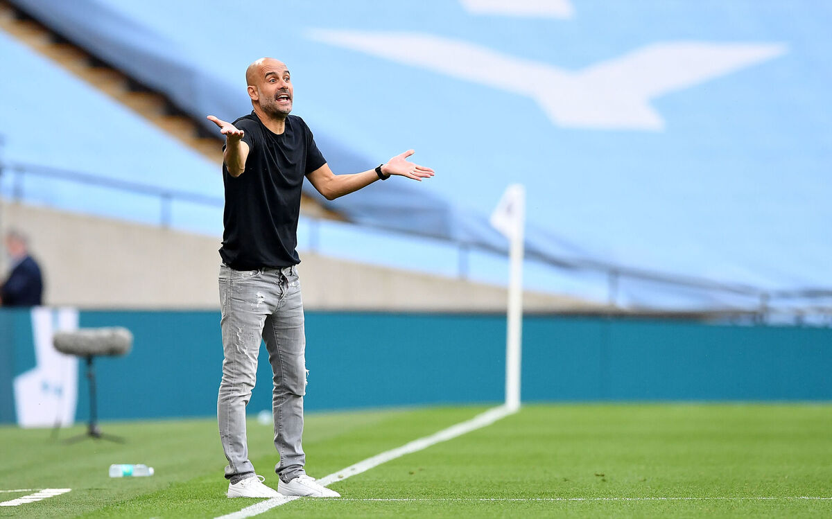 Manchester City manager Pep Guardiola gestures on the touchline during the FA Cup Semi-Final match at Wembley Stadium, London. PA Photo. 