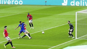 Chelsea's Olivier Giroud scores his side's first goal of the game during the FA Cup Semi-Final match at Wembley Stadium