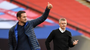 Manchester United manager Ole Gunnar Solskjaer (right) can overtake Chelsea manager Frank Lampard (left) with a win over Leicester on Sunday. 