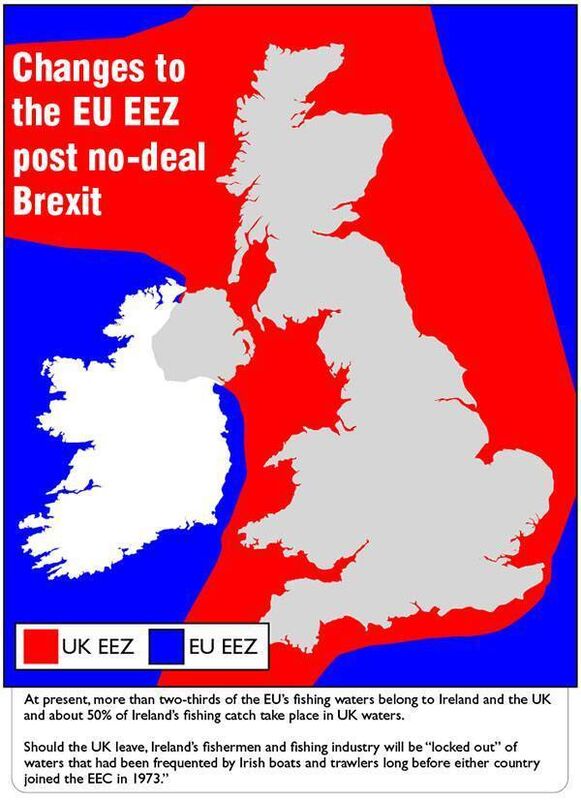 Map which shows how much of the waters around Ireland we will lose in a 'no-deal' Brexit. Graphic: Irish Examiner Map which shows how much of the waters around Ireland we will lose in a 'no-deal' Brexit. Graphic: Irish Examiner
