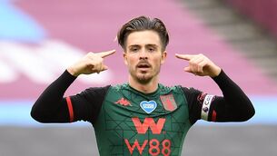 Jack Grealish celebrates after scoring Aston Villa's goal against West Ham on Sunday. Picture: Andy Rain/Getty Images