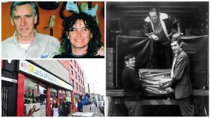 Mick Crowley of Crowleys music shop with his daughter Sheena Crowley; right, unloading equipment. 
