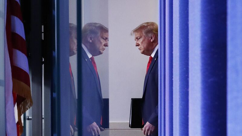 Donald Trump arrives for a briefing with reporters  on Monday. Picture: AP Photo/Alex Brandon