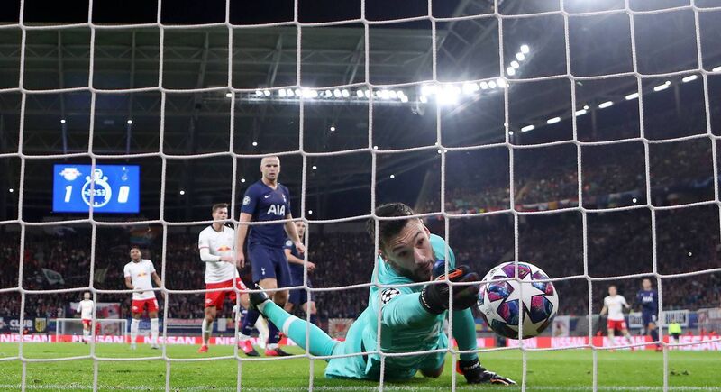 STRIKE FORCE: RB Leipzig’s Marcel Sabitzer blasts the ball past Tottenham keeper Hugo Lloris during the Champions League clash at Red Bull Arena, Leipzig. Picture: Alex Grimm