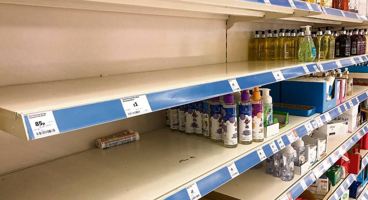 A shortage of antibacterial hand sanitiser on the shelves at a Sainsbury’s supermarket in Cambridge, England. Data released by Kantar Worldpanel have revealed that sales of hand sanitiser soared by 255% in February in the UK. Similar scenes have emerged in some Irish supermarkets recently. 	Picture: Joe Giddens/PA Wire