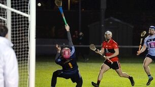 UCC’s Shane Kingston puts the ball beyond the reach of UCD goalkeeper Conor O’Donoghue for a goal in the Fitzgibbon Cup quarter-final clash at the Mardyke. Picture: Denis Minihane
