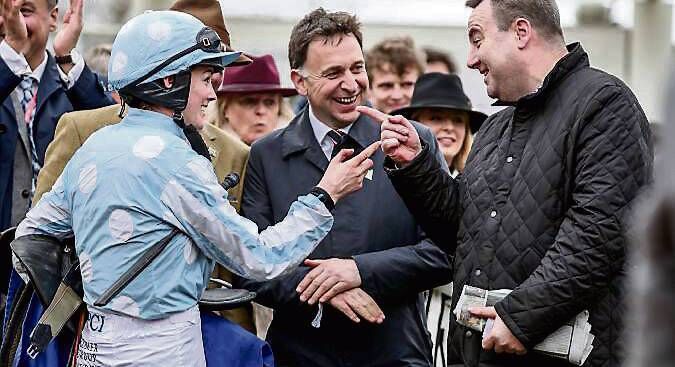 Jockey Rachel Blackmore, trainer Henry De Bromhead and owner Kenny Alexander celebrate after Honeysuckle’s win. Pic: Sportsfile Jockey Rachel Blackmore, trainer Henry De Bromhead and owner Kenny Alexander celebrate after Honeysuckle’s win. Pic: Sportsfile