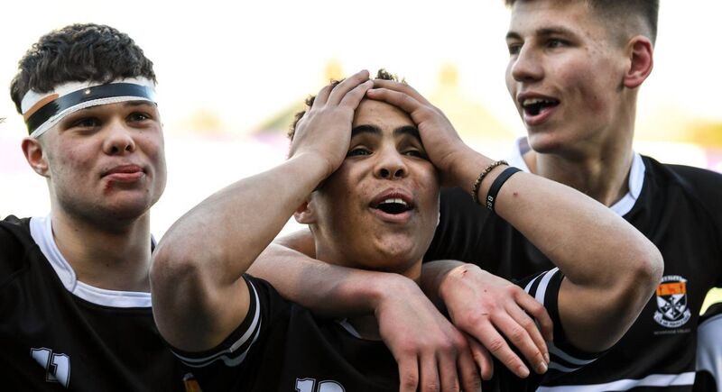 Newbridge College players, from left, David O’Sullivan, Lucas Berti Newman, and Sam Prendergast celebrate at Energia Park, Donnybrook. Photo by Ramsey Cardy/Sportsfile Newbridge College players, from left, David O’Sullivan, Lucas Berti Newman, and Sam Prendergast celebrate at Energia Park, Donnybrook. Photo by Ramsey Cardy/Sportsfile