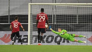 <p>Bruno Fernandes scores Manchester United’s winning goal from a penalty. Picture: Sascha Steinbach/POOL/AFP via Getty Images</p>