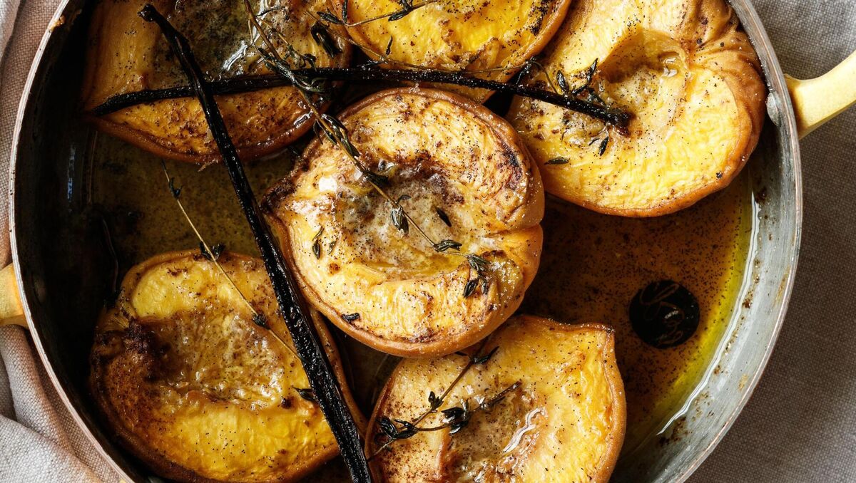 Baked peaches with thyme and vanilla beans.	Picture: Bríd O'Donovan