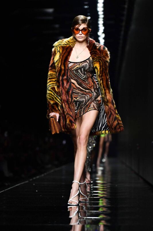 Model Kaia Gerber presents a creation for Versace' Women Fall - Winter 2020 fashion collection on February 21, 2020 in Milan. (Photo by Miguel MEDINA / AFP) (Photo by MIGUEL MEDINA/AFP via Getty Images)