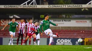 <p class="contextmenu internal_Caption">Kit Elliot of Cork City shoots to score his side’s second goal from the penalty spot at Turner's Cross. Photo by Seb Daly/Sportsfile</p>