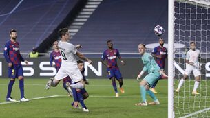 <p>JOY OF SIX: Robert Lewandowski heads home Bayern Munich’s sixth goal in last night’s rout of Barcelona. <span class="contextmenu emphasis CaptionCredit">Picture: Manu Fernandez/Pool via Getty Images</span>
            </p>