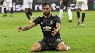 <p>PAIN GAME: Bruno Fernandes falls to his knees as Manchester United’s bid for Europa League glory falls at the penultimate hurdle. <span class="contextmenu emphasis CaptionCredit">Picture: AP Photo/Martin Meissner, Pool</span>
            </p>