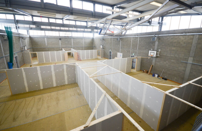 The School PE Hall which has been converted into four seperate temporary classrooms to minimise class numbers in Pobalscoil na Tríonóide in Youghal. Picture: Howard Crowdy