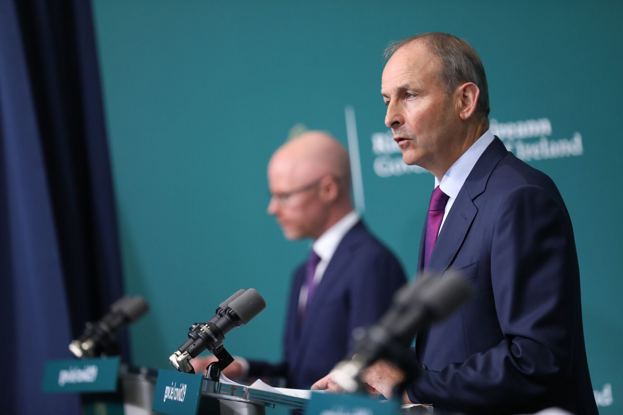 Taoiseach Micheal Martin and Health Minister Stephen Donnelly at the post-Cabinet press briefing at Government Buildings yesterday. Picture: Julien Behal
