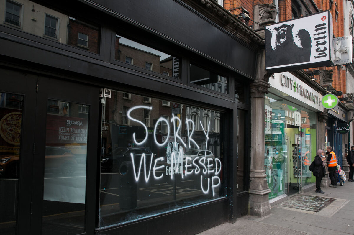Graffiti on the Berlin D2 bar on Dame Street Dublin. Picture: Gareth Chaney/Collins
