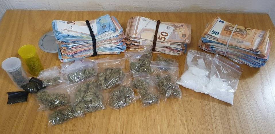 Cocaine worth €2,800, cannabis worth €1,440 and €30,000 in cash was seized. Picture: Garda Press Office