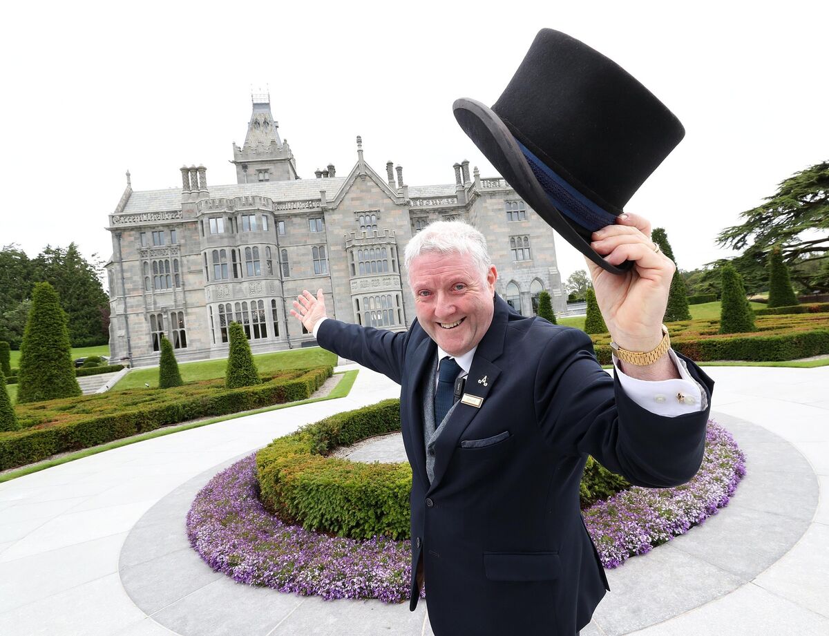 Doorman Edmund O’Reilly pictured ready to greet guests at the reopening of the 5-Star Adare Manor today, Thursday 30th of July. Alongside heightened health and safety protocols, the resort will debut new guest experiences and enhanced outdoor activities. 
            Pic. Robbie Reynolds