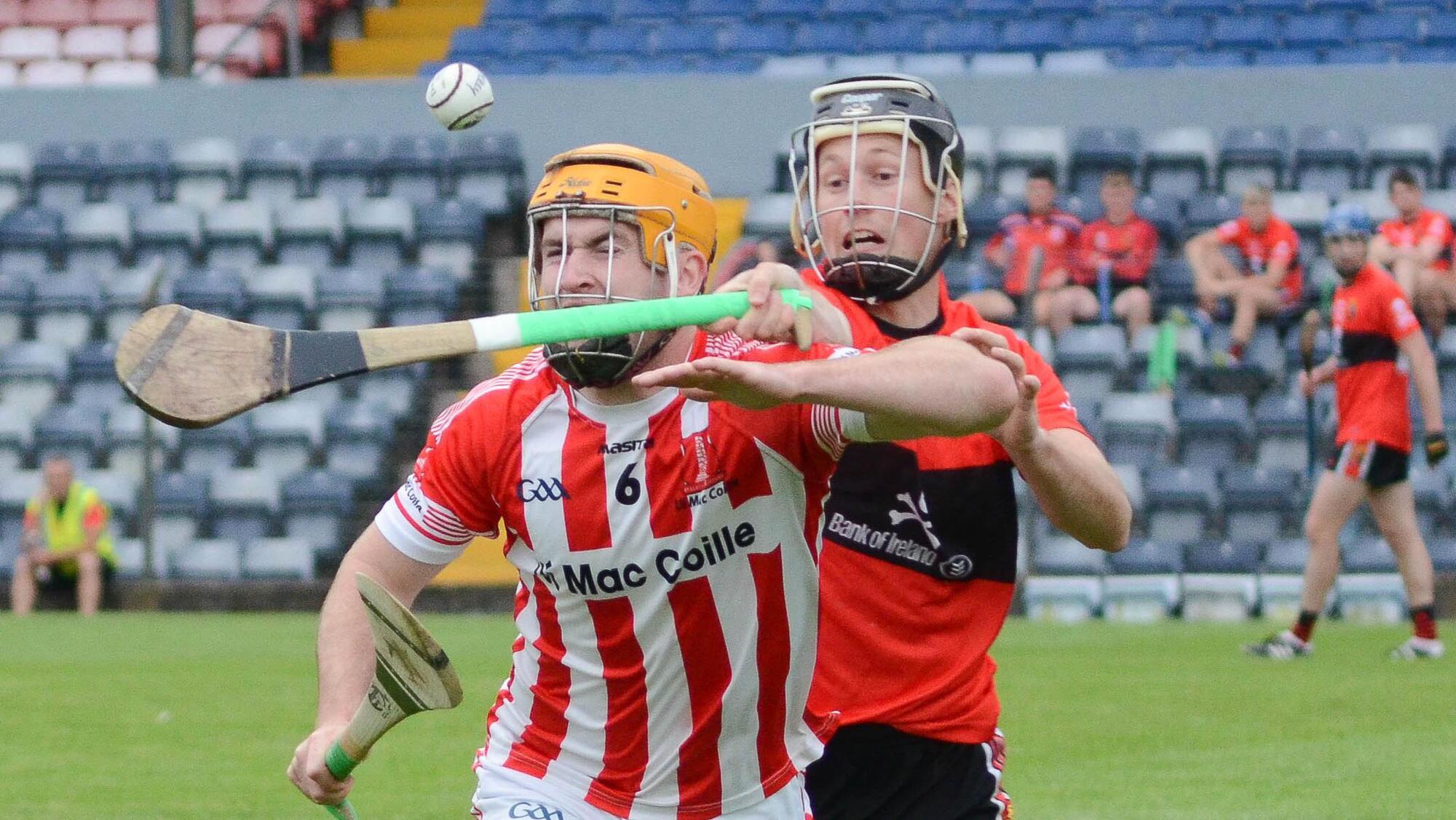 Imokilly's Niall O'Leary clashes with UCC's Shane Conway during the Co Premier Senior Hurling Divisional/College final in Pairc Ui Rinn. 