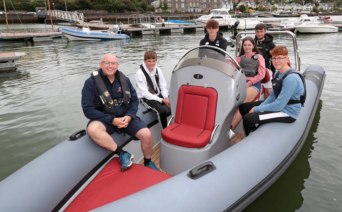 Ian Venner, Helm at Crosshaven RNLI with Cillian Foster, Richard McSweeney (Skipper of the Rib) Kate Horgan, Jamie Venner and Harry Pritchard. Picture: Jim Coughlan. Ian Venner, Helm at Crosshaven RNLI with Cillian Foster, Richard McSweeney (Skipper of the Rib) Kate Horgan, Jamie Venner and Harry Pritchard. Picture: Jim Coughlan.